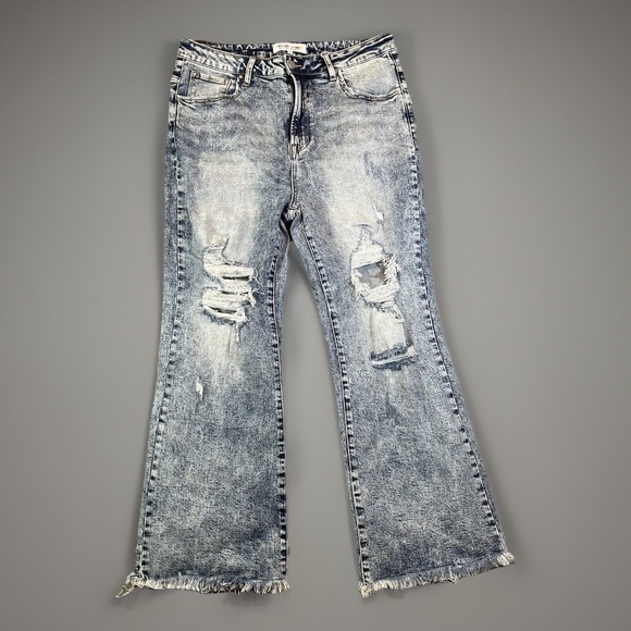 Risen High Rise Distressed Jeans Womens 1X Blue Medium Acid Wash Raw Hem 34"x27" - Picture 1 of 16